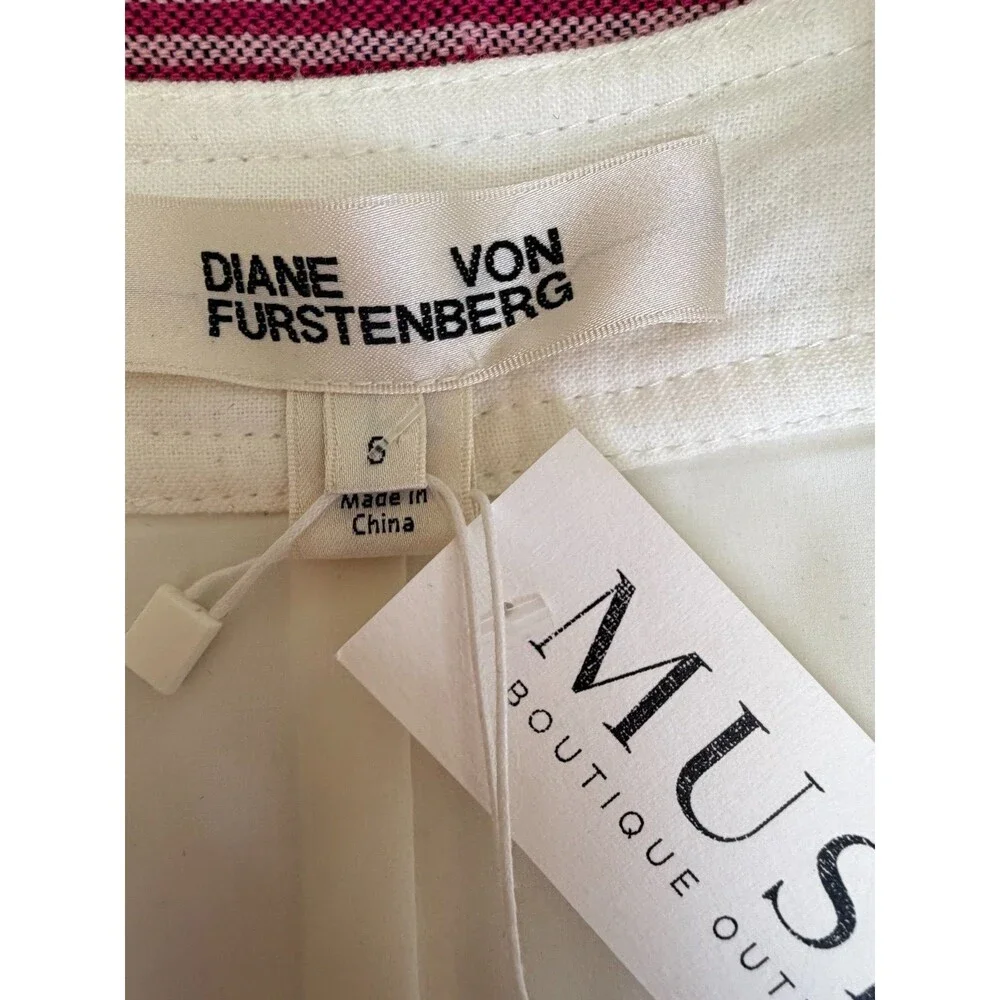 NWT Diane von Furstenberg Ivory Zip Front A-Line Midi Skirt Linen Cotton Sz 6